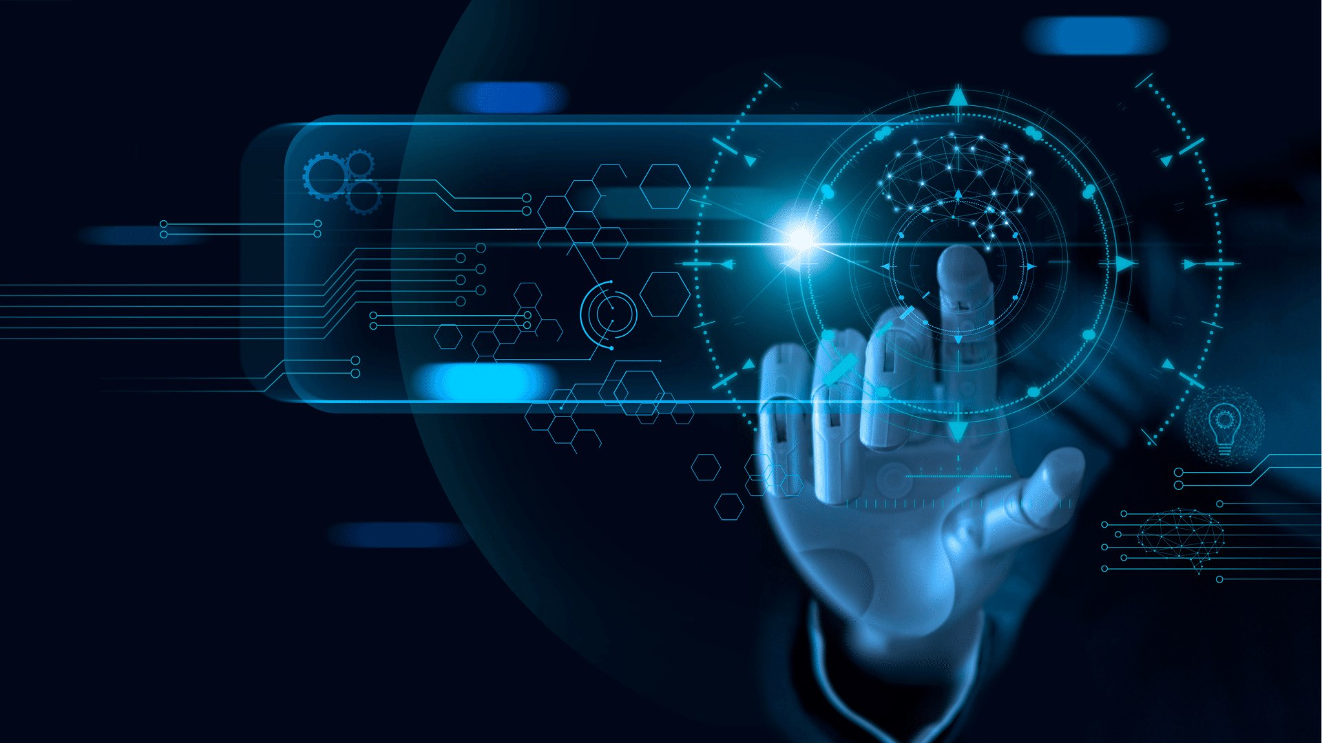 Main robotique interagissant avec une interface numérique futuriste comprenant des éléments graphiques technologiques